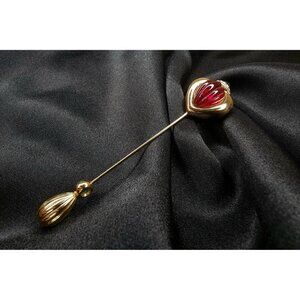 Rare Find Vintage JESARA Signed Gold-Tone Stick Pin With Red Heart & Green